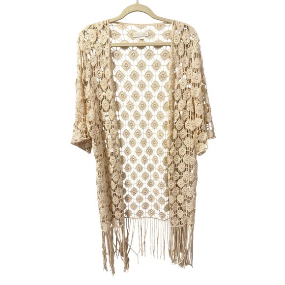 Rebellion Boho Crochet Lace Kimono Cardigan With Fringe  Size L - Picture 1 of 12
